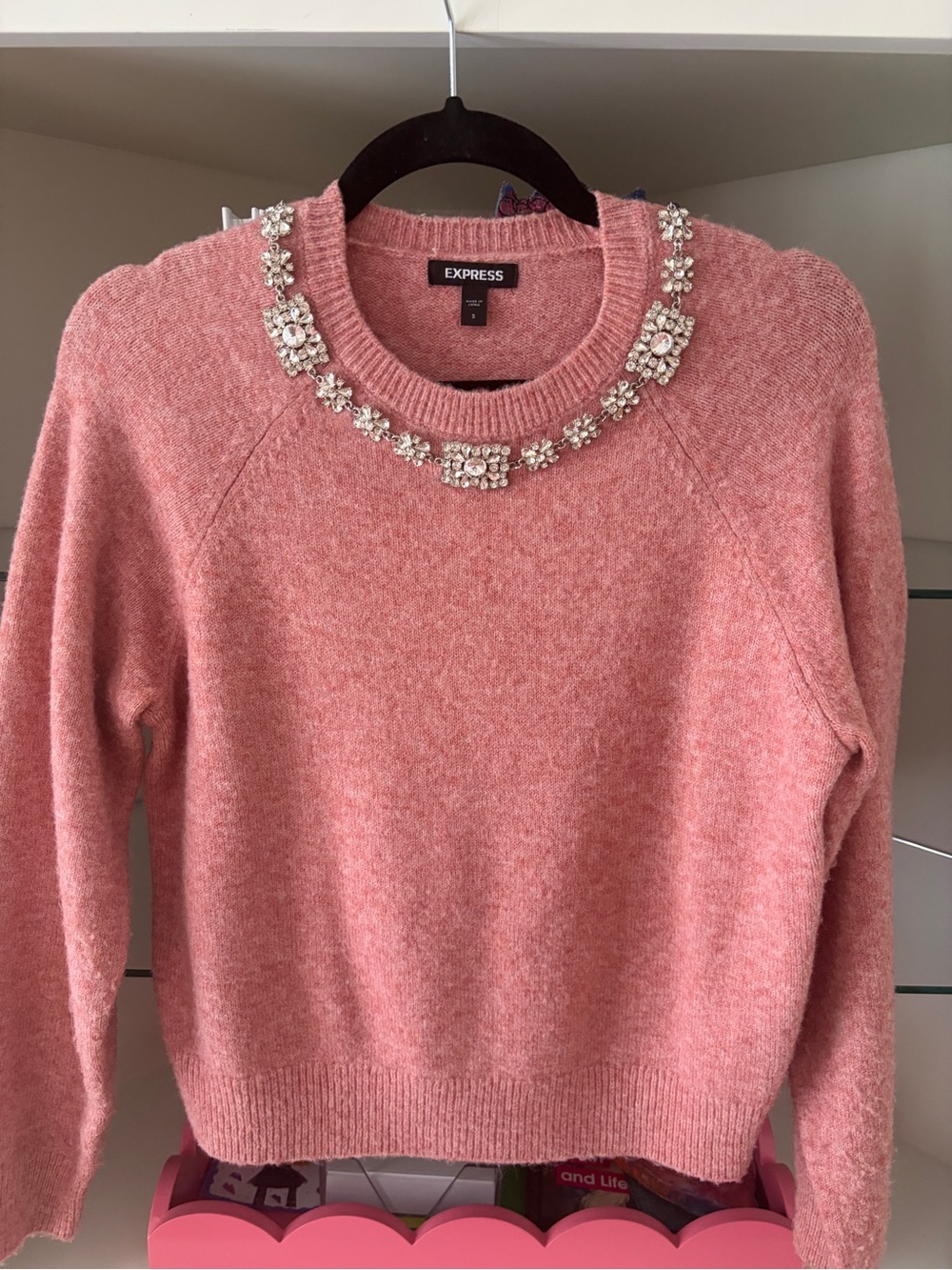 Express Rose Pink Jeweled Crewneck Sweater